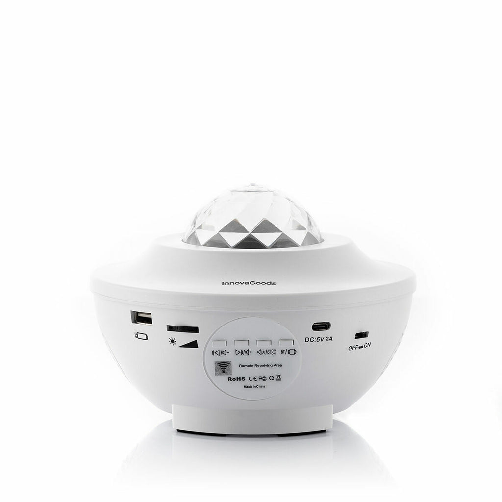 A clean product shot of the LED Star Projector, highlighting the design and control buttons. The crystal dome on top is prominent, showcasing its functionality.