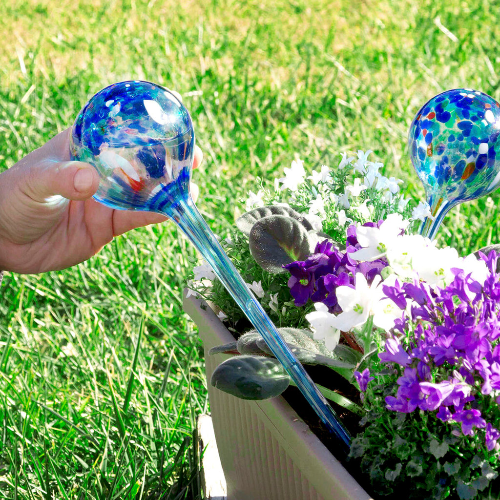 A person placing a watering globe into an outdoor flower bed filled with vibrant flowers, showing its versatility in various plant settings.