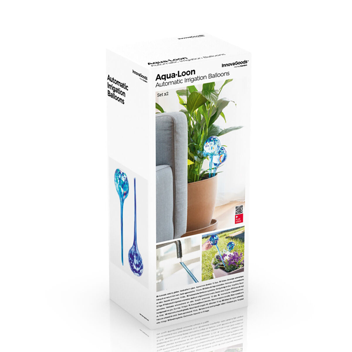 Packaging for the Aqua-Loon InnovaGoods Automatic Watering Globes, showing product images and usage examples on the box in a white color scheme.
