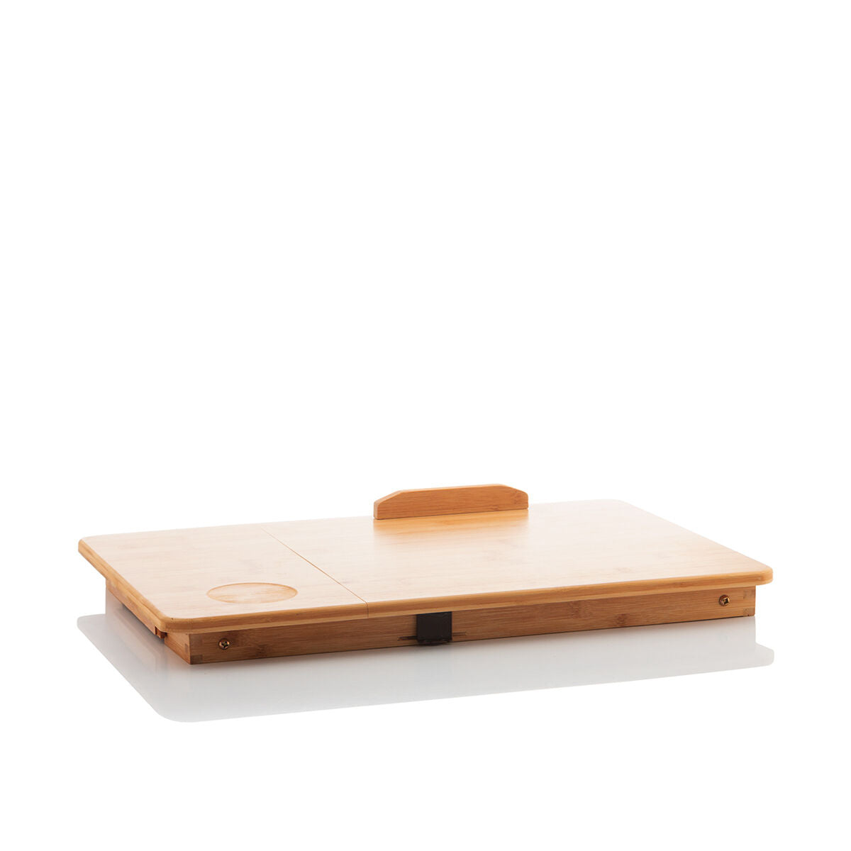 The bamboo table folded down with legs not extended. It's showcased on a plain white background, emphasizing compact storage capability.