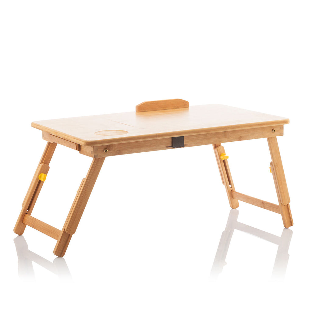 The bamboo folding side table set up with its legs extended. The table is empty and shown on a plain white background.