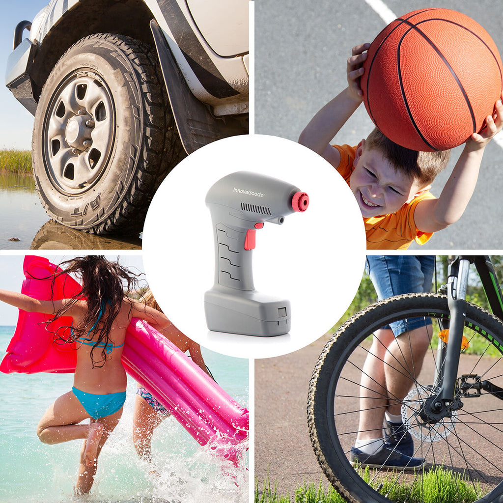 A composite image showing different uses for the air compressor, including car tires, sports balls, and outdoor activities, with the product in the center surrounded by lifestyle imagery.