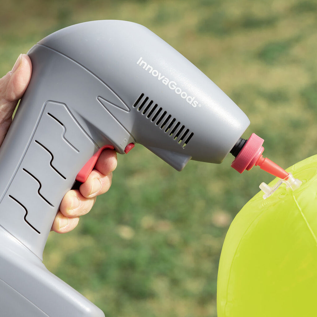 The InnovaGoods air compressor being used outdoors to inflate a yellow inflatable. A close-up shows the device in action, highlighting its utility in different settings.