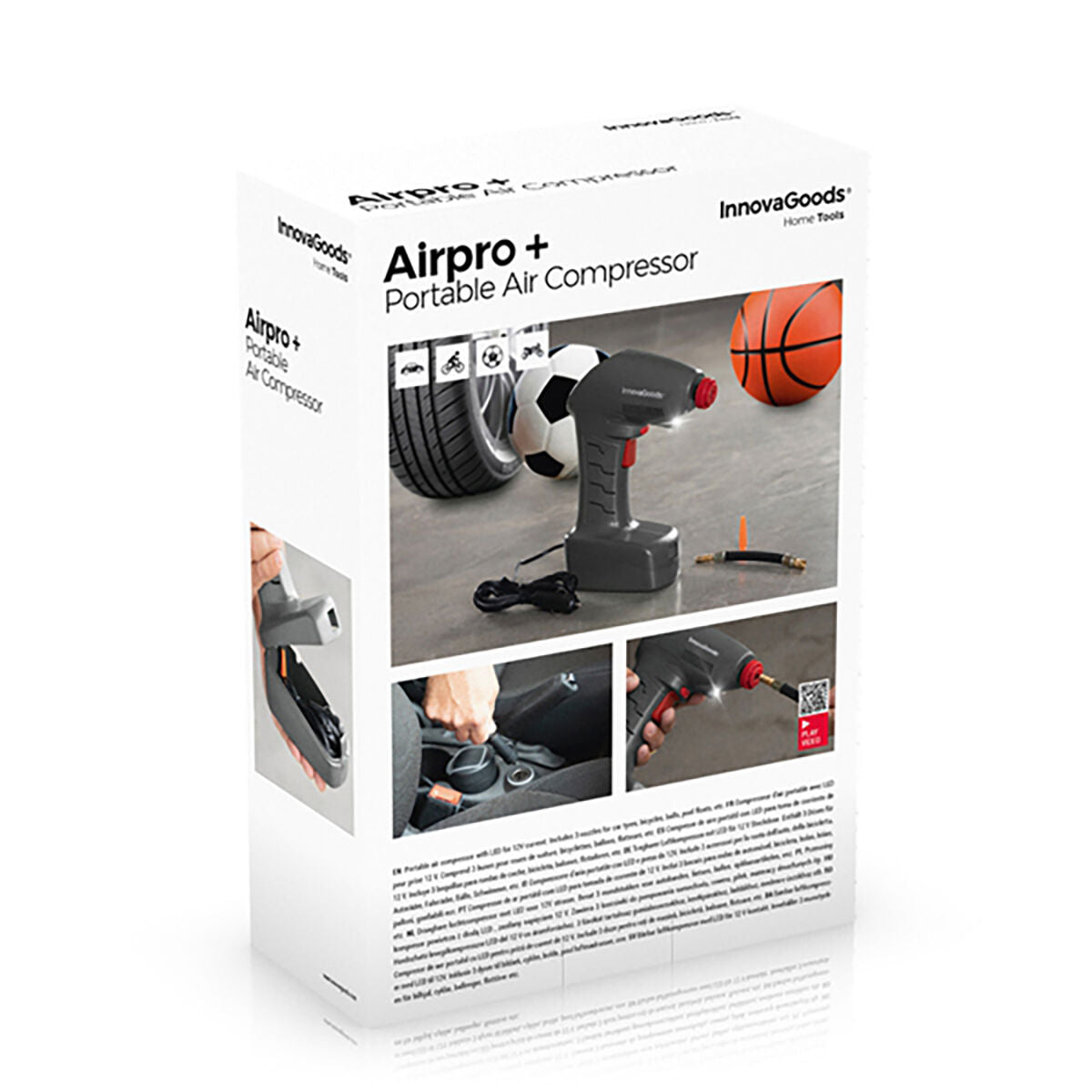 The packaging of the Airpro+ Portable Air Compressor by InnovaGoods. The box displays the product and its uses such as inflating tires and sports equipment, with a visual layout that includes application imagery.