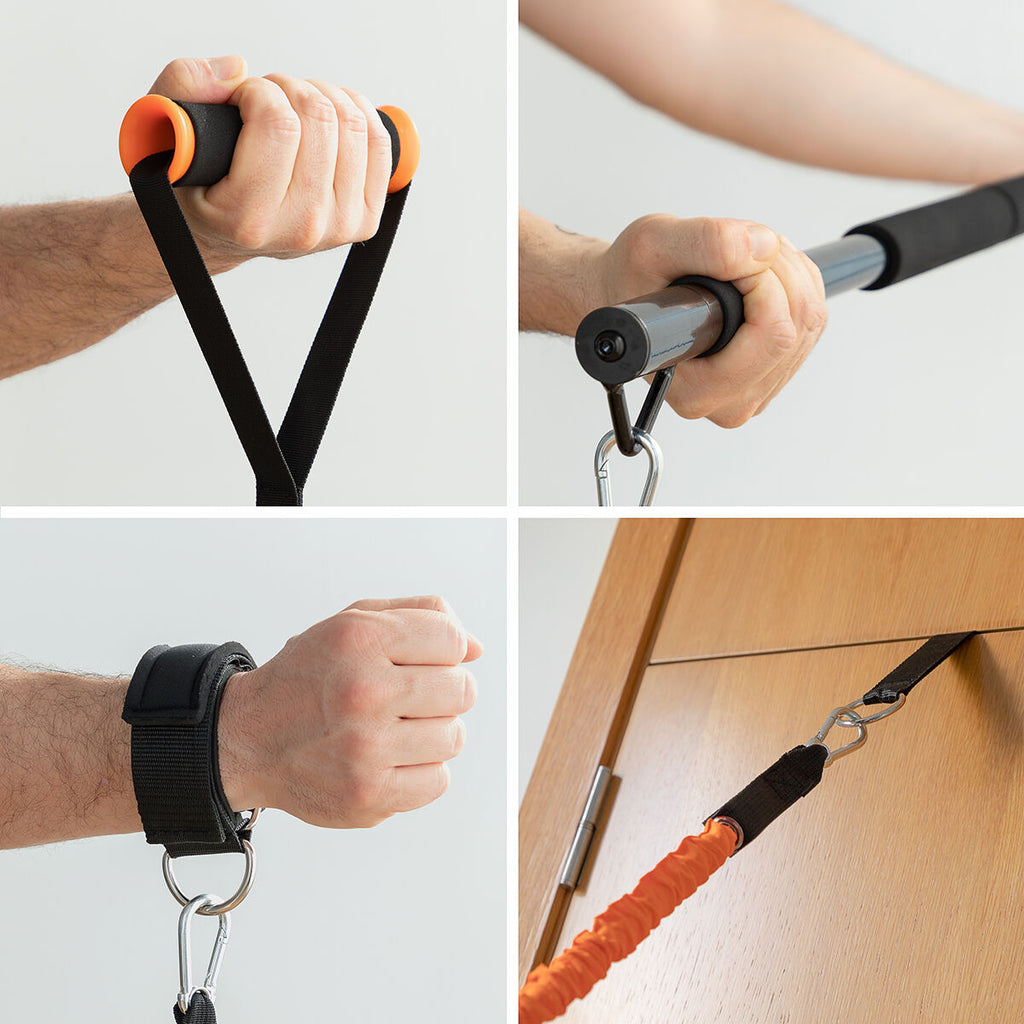 A collage of close-up shots showing different grips and fastenings of the training system, demonstrating the versatility and secure handling features of the product.