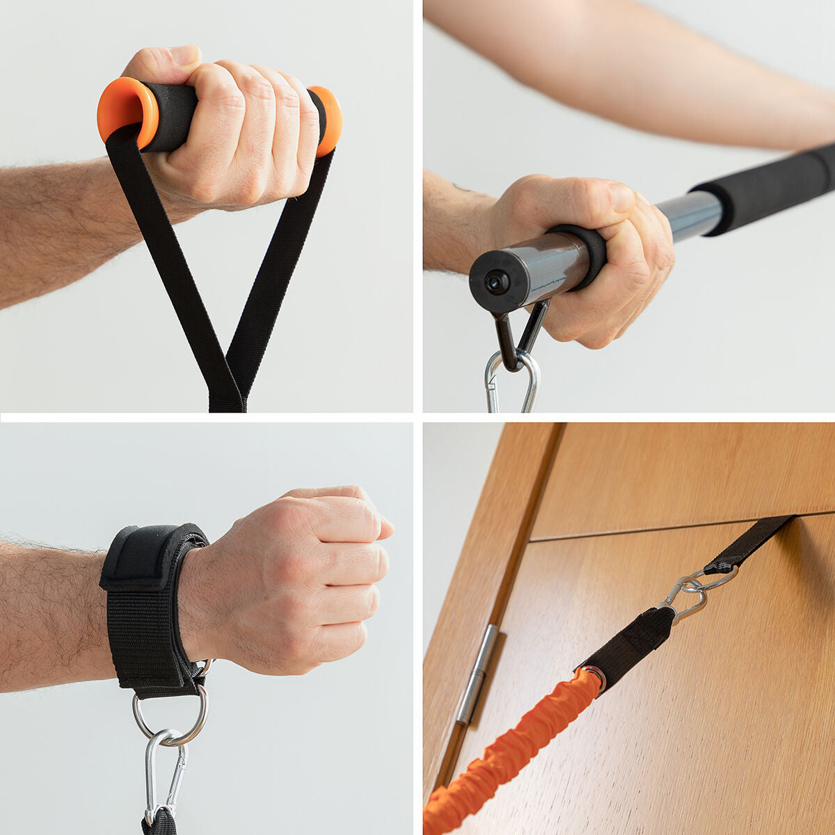 A collage of close-up shots showing different grips and fastenings of the training system, demonstrating the versatility and secure handling features of the product.