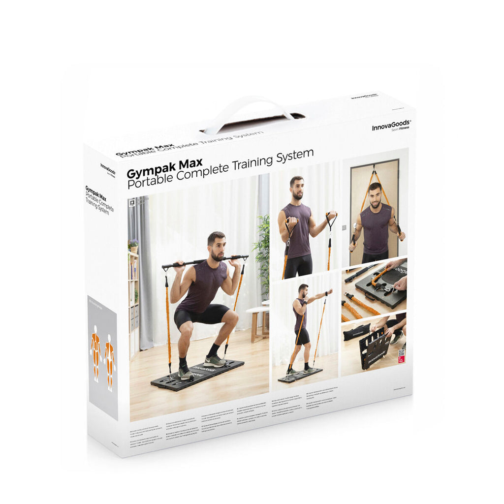 The product packaging features the Gympak Max Portable Complete Training System with illustrations of exercises. The box is primarily white with product images and branding elements, showing multiple exercise examples.