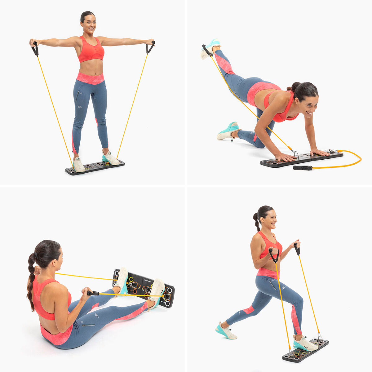 Four images showing different exercises using the push-up board and resistance bands, illustrating its versatility.