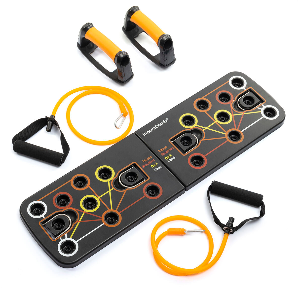 The entire push-up board, assembled with handles and resistance bands, placed neatly along with the instruction sheet.