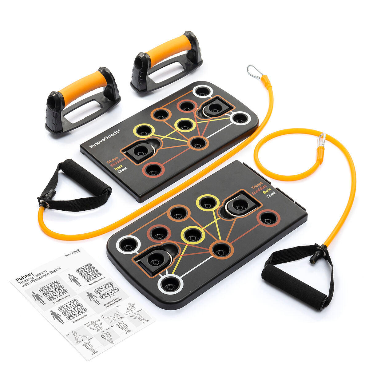 The push-up board disassembled into two pieces, showing the orange resistance bands and exercise guide sheet.