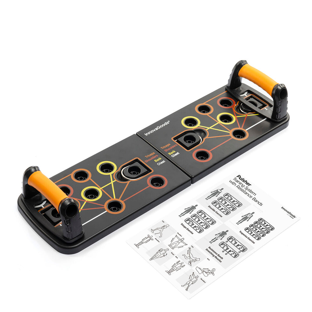 The push-up board with detachable handles and an exercise guide sheet showing various exercises. The board features colored slots labeled for different muscles.