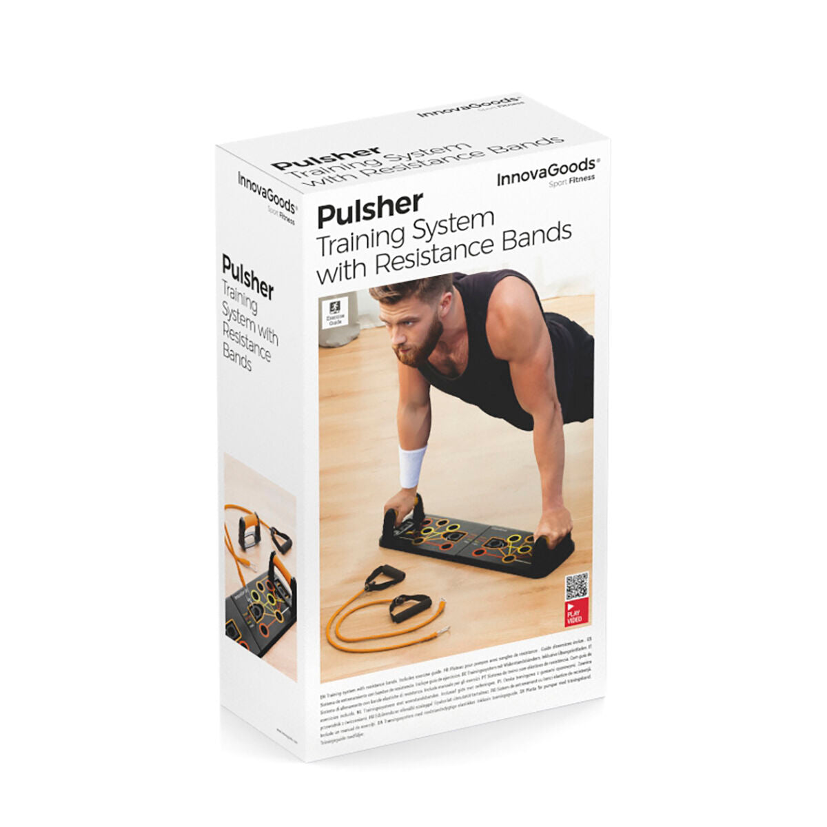 The packaging box of the InnovaGoods Push-Up Board with Resistance Bands, featuring a person exercising with the product.