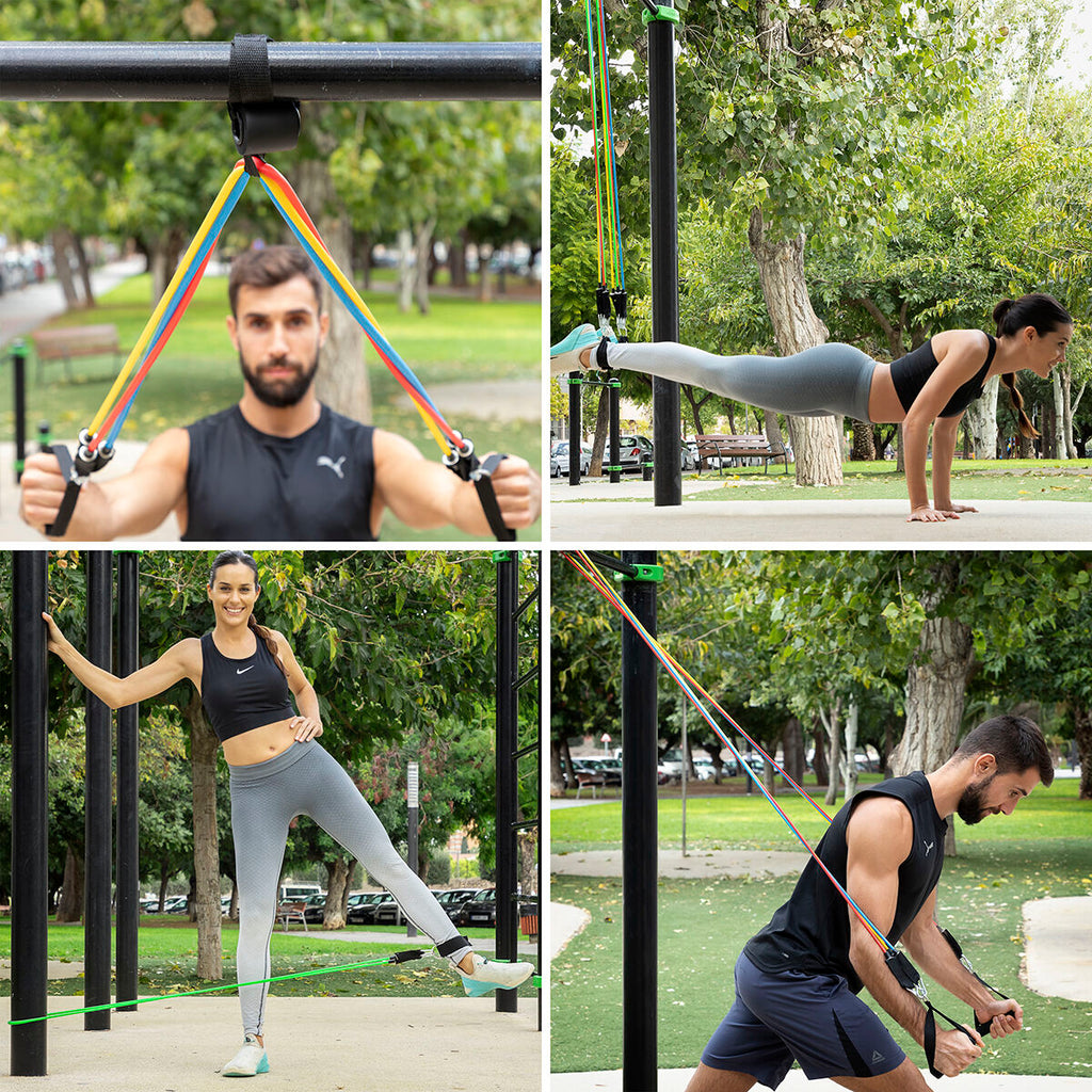 Multiple images showing male and female users using resistance bands for various exercises in a park setting.