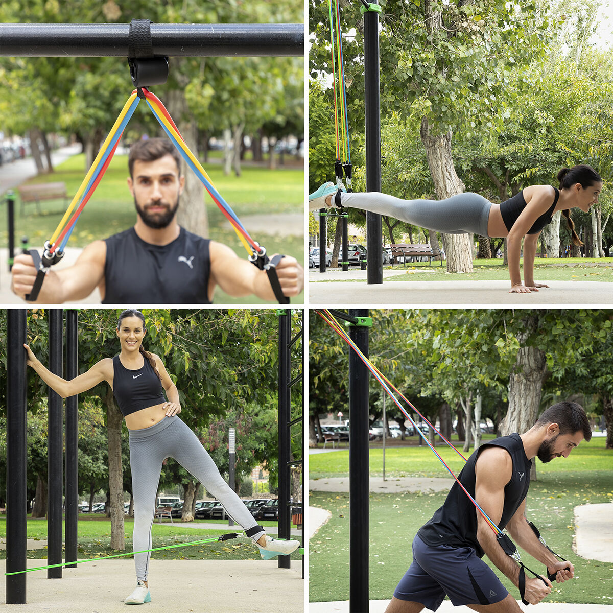 Multiple images showing male and female users using resistance bands for various exercises in a park setting.