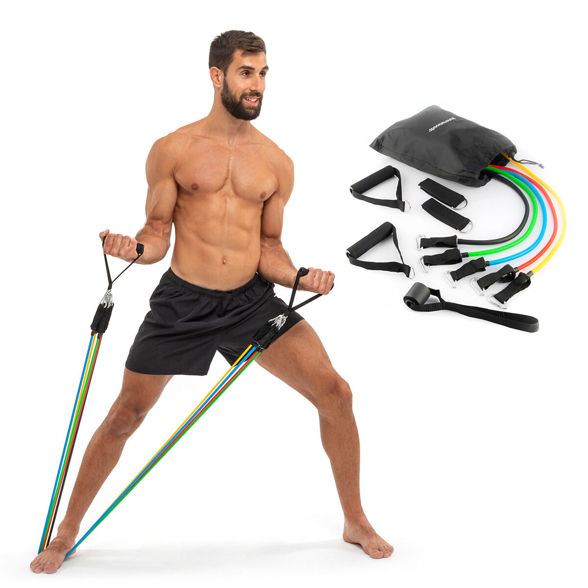 A male user exercising with resistance bands and the complete set displayed on a plain white background.