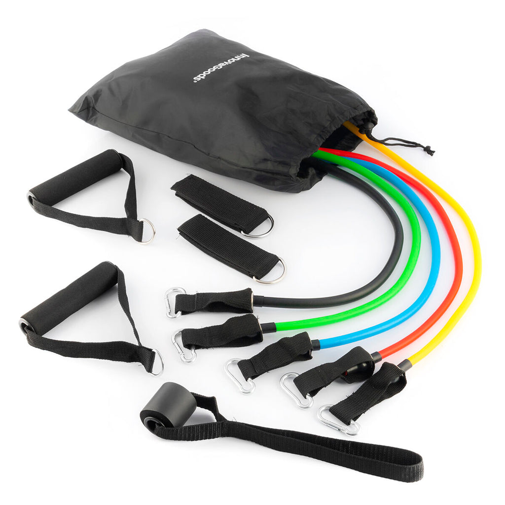 Complete resistance band set with handles, carabiners, and a black carrying bag on a white background.
