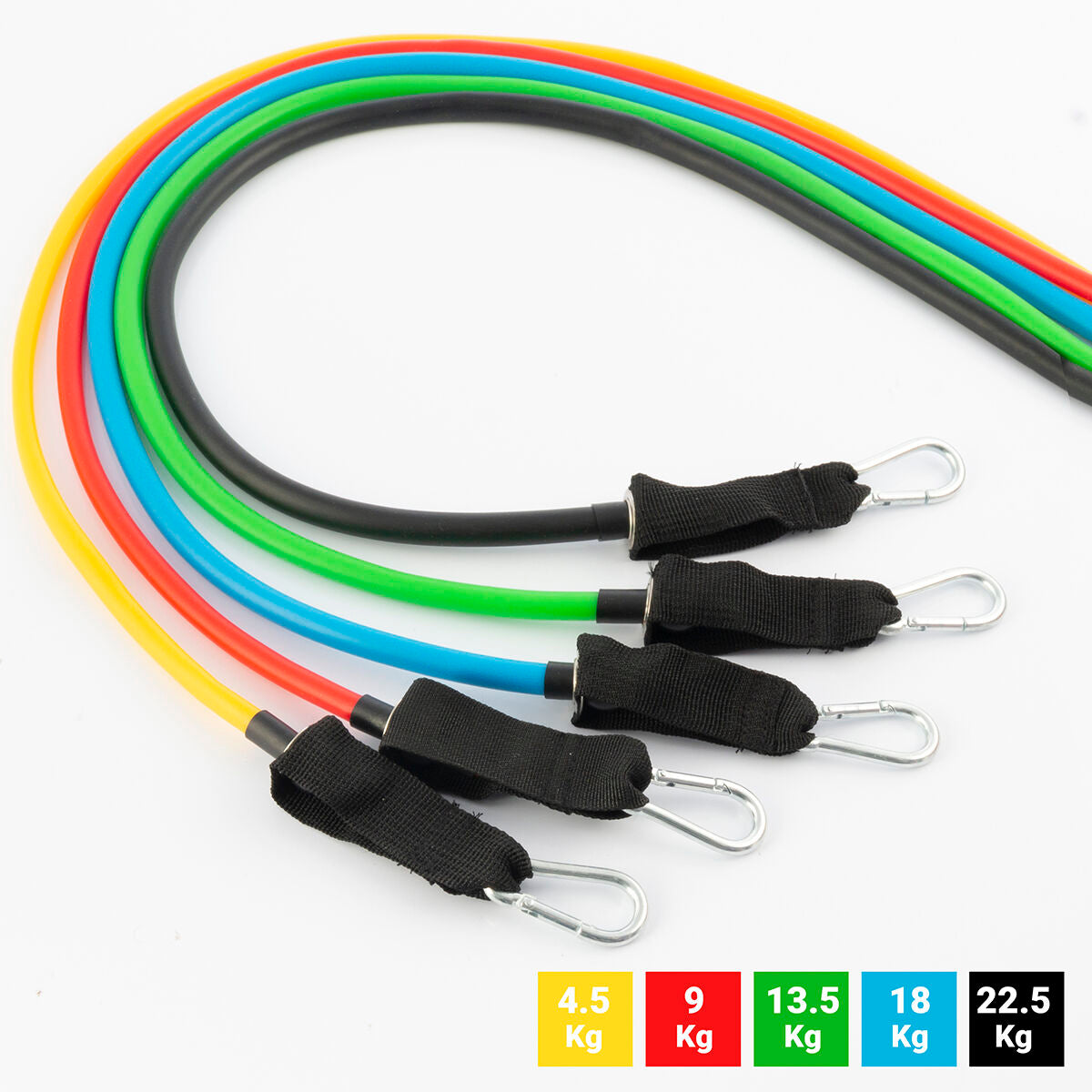 Colorful resistance bands with labeled resistances (4.5 Kg, 9 Kg, 13.5 Kg, 18 Kg, 22.5 Kg) placed on a white background.