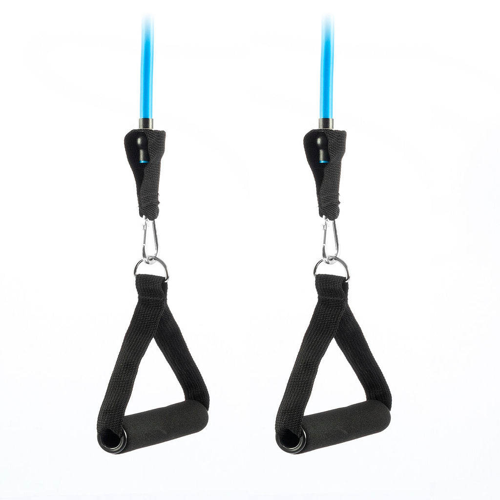 Close-up of two black handles attached to blue resistance bands against a white background.