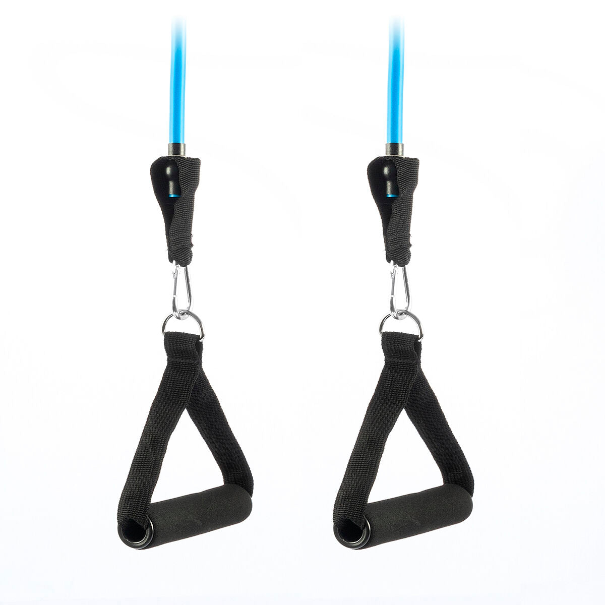 Close-up of two black handles attached to blue resistance bands against a white background.