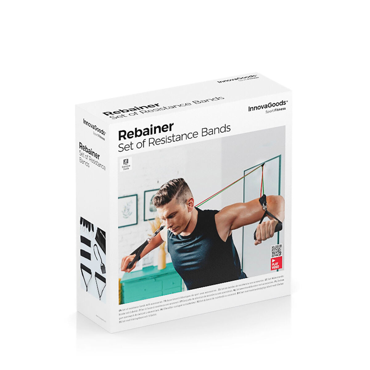 Packaging of the Rebainer set, showing the product name 'Rebainer Set of Resistance Bands' and a graphic of a user exercising with the bands.