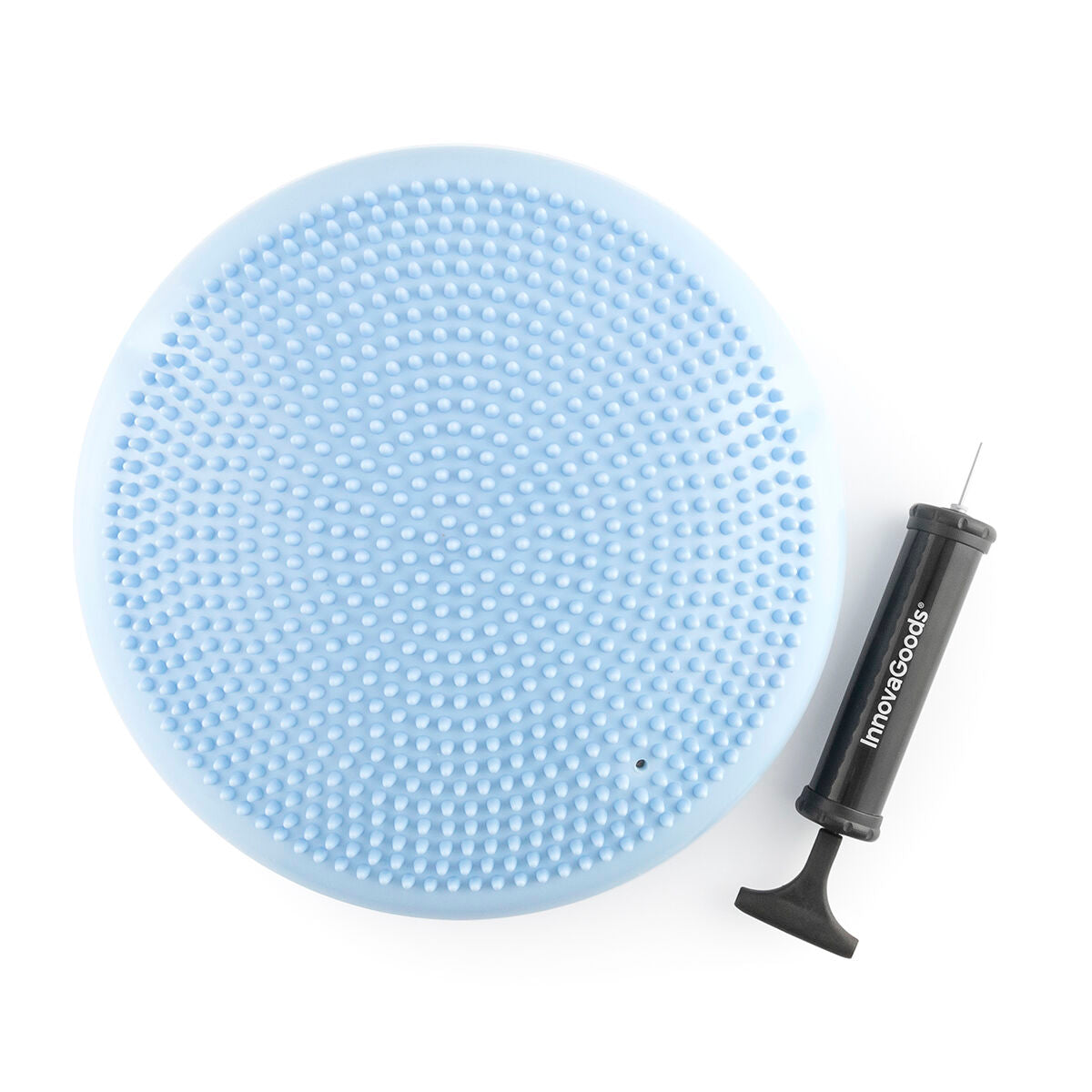 A light blue balance cushion with a textured surface paired with a black inflation pump from InnovaGoods, displayed against a white background.