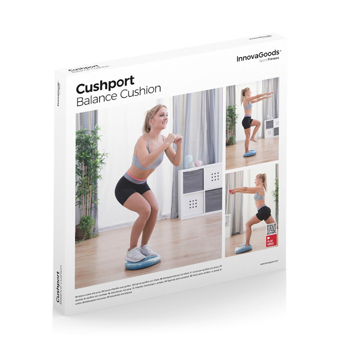 The product packaging for the Cushport Balance Cushion by InnovaGoods, showing multiple ways to use the cushion, including exercises and balance training.