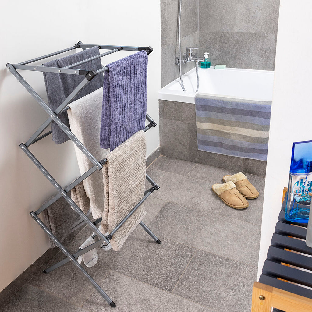 Clothes dryer in a bathroom setting showing its utility for various types of household spaces.