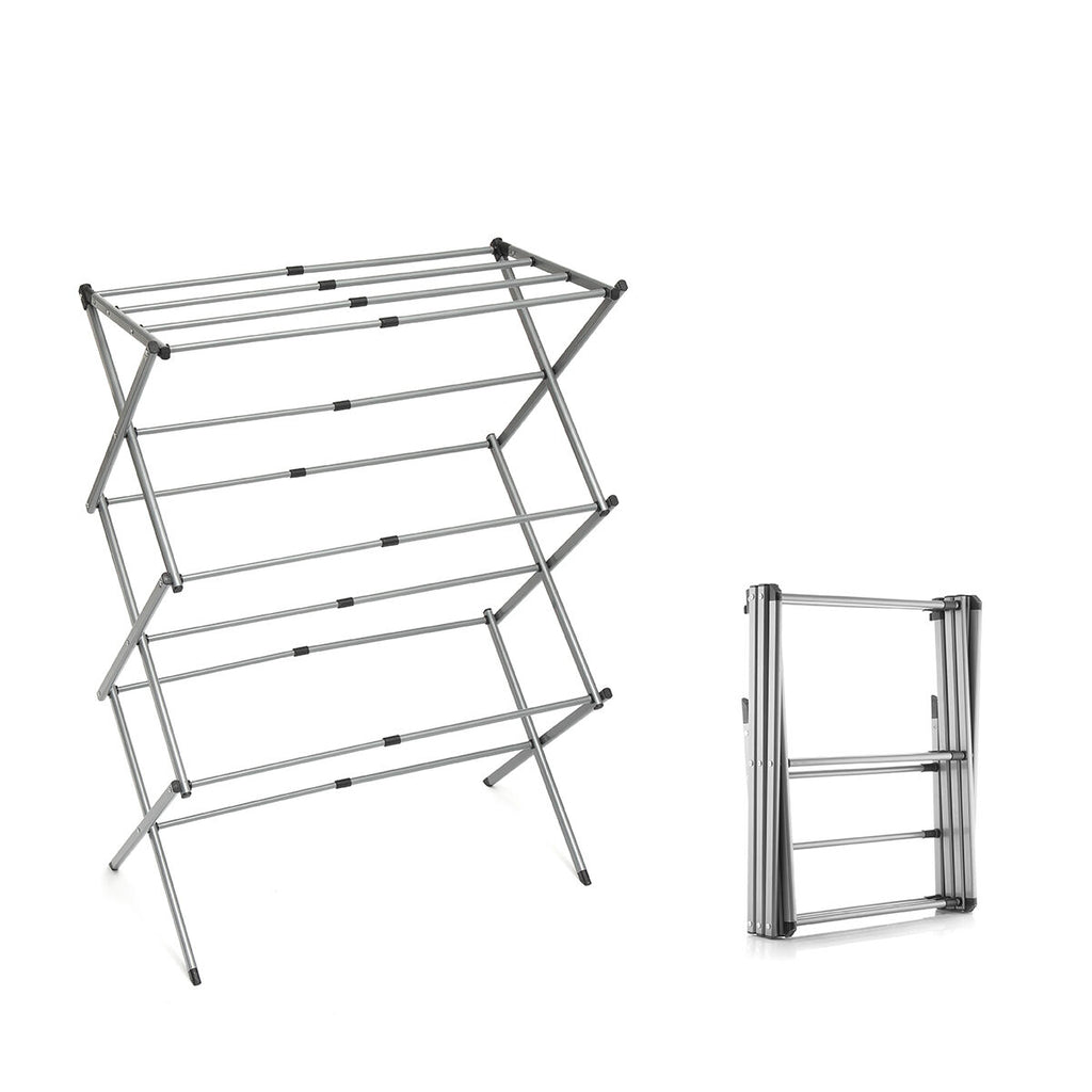 A single metal clothes dryer next to its compact folded state. This highlights the space-saving feature.