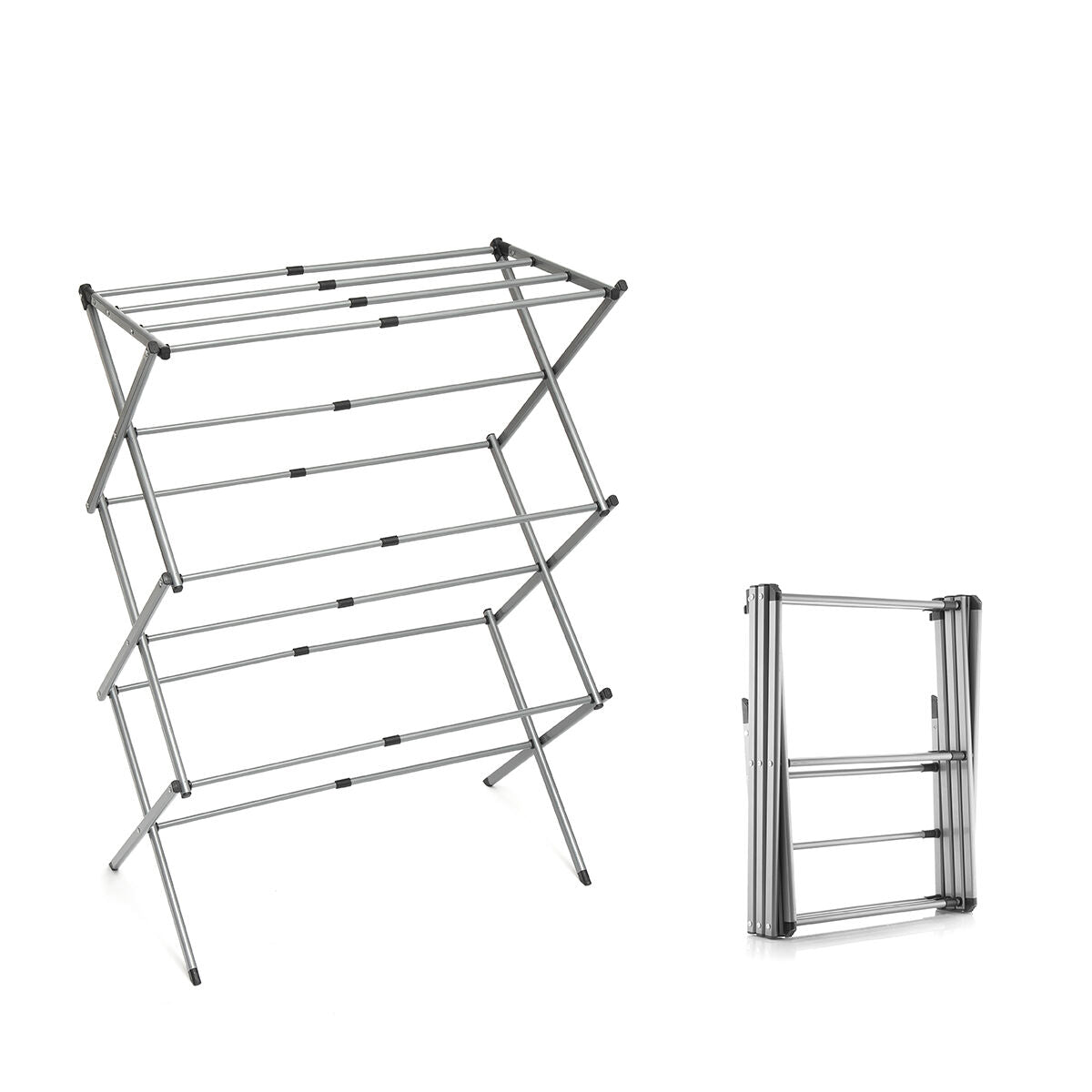 A single metal clothes dryer next to its compact folded state. This highlights the space-saving feature.