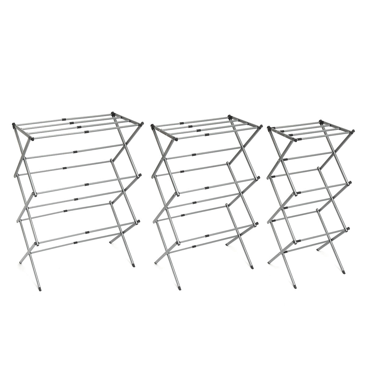 Three fully opened metal clothes dryers side by side displaying different levels of expansion.