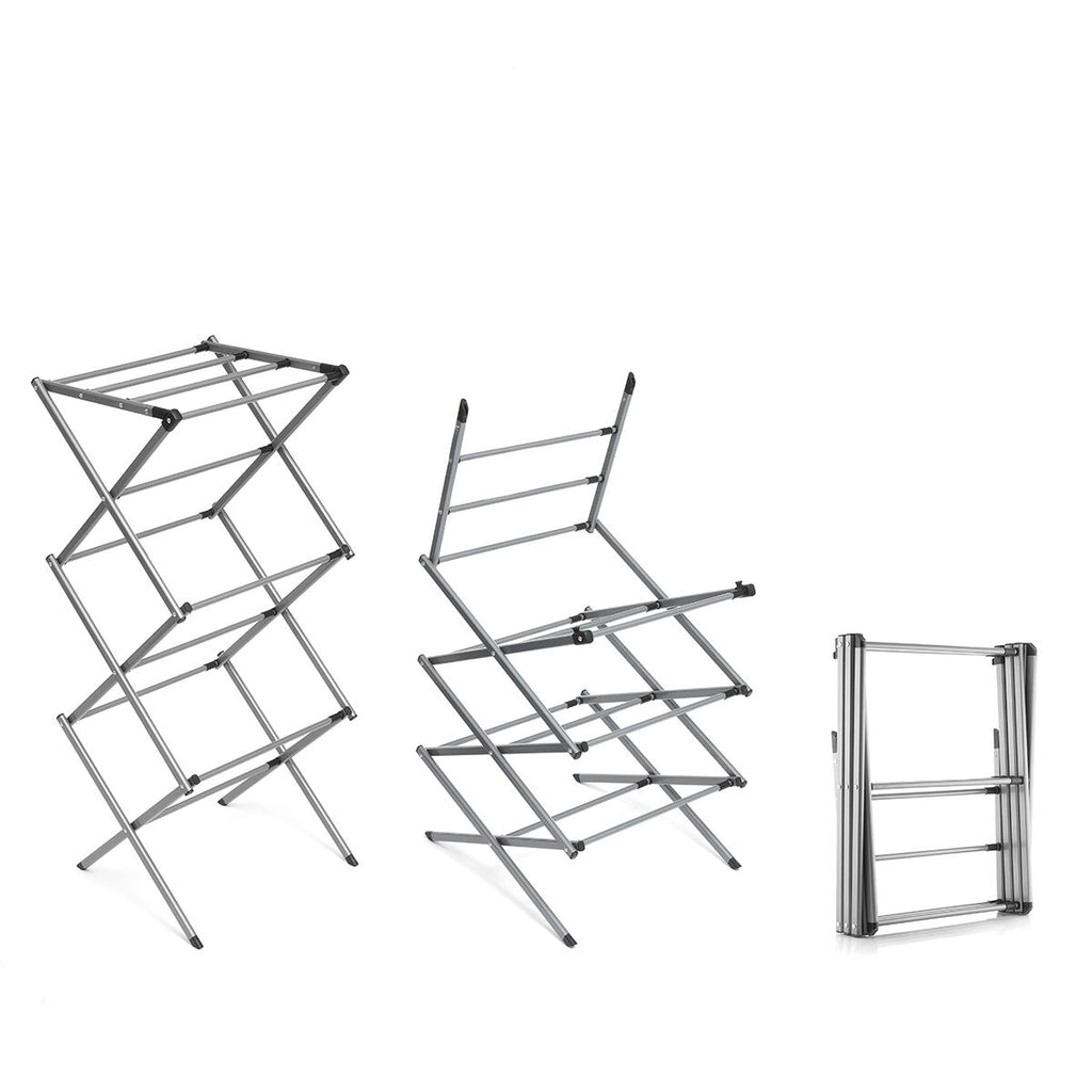 Three metal racks in various stages of being opened and folded. The sleek design and metal structure are clearly displayed.