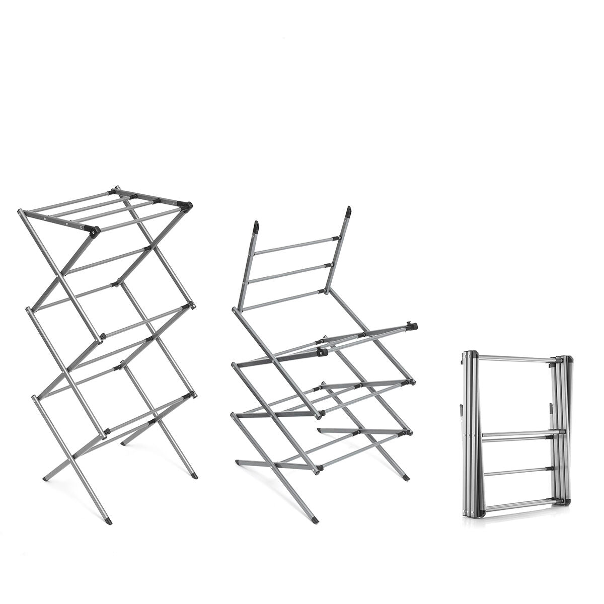 Three metal racks in various stages of being opened and folded. The sleek design and metal structure are clearly displayed.