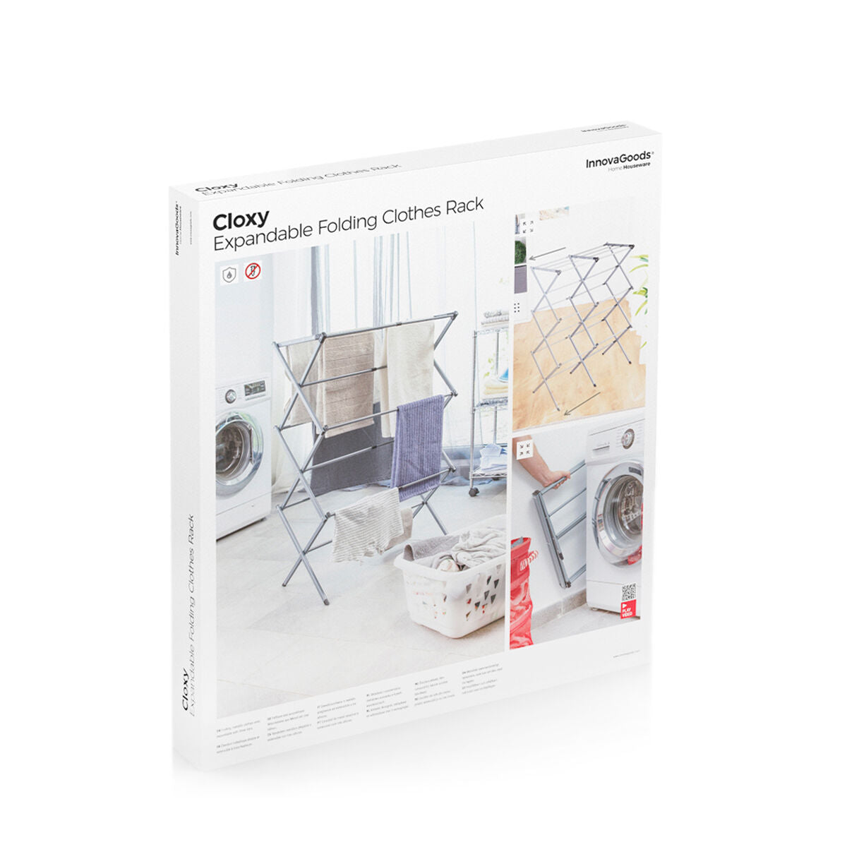 The product packaging, showing Cloxy Expandable Folding Clothes Rack with images of the rack in different setups. The InnovaGoods logo is visible.