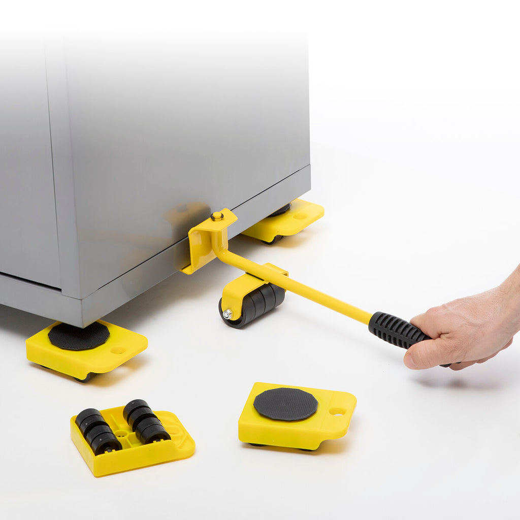 A person using the 'HeavEasy Lifting and Moving Tool' lever to move a large appliance placed on yellow pads.