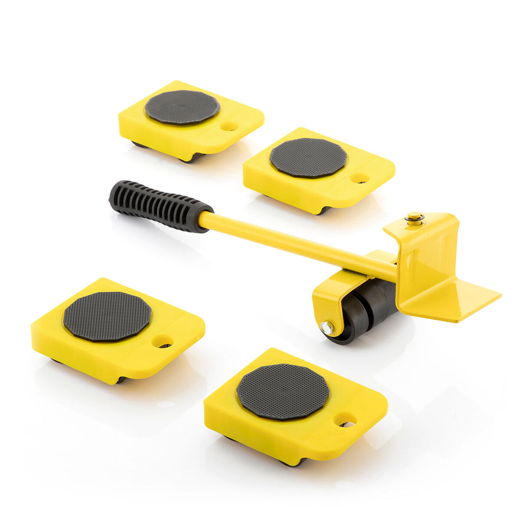 The complete 'HeavEasy Lifting and Moving Tool' set with lever and four yellow wheeled pads displayed on a white surface.