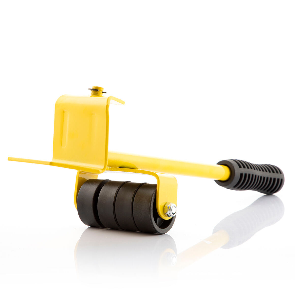 A close-up shot of the yellow lever tool with black wheels from the 'HeavEasy Lifting and Moving Tool' set.