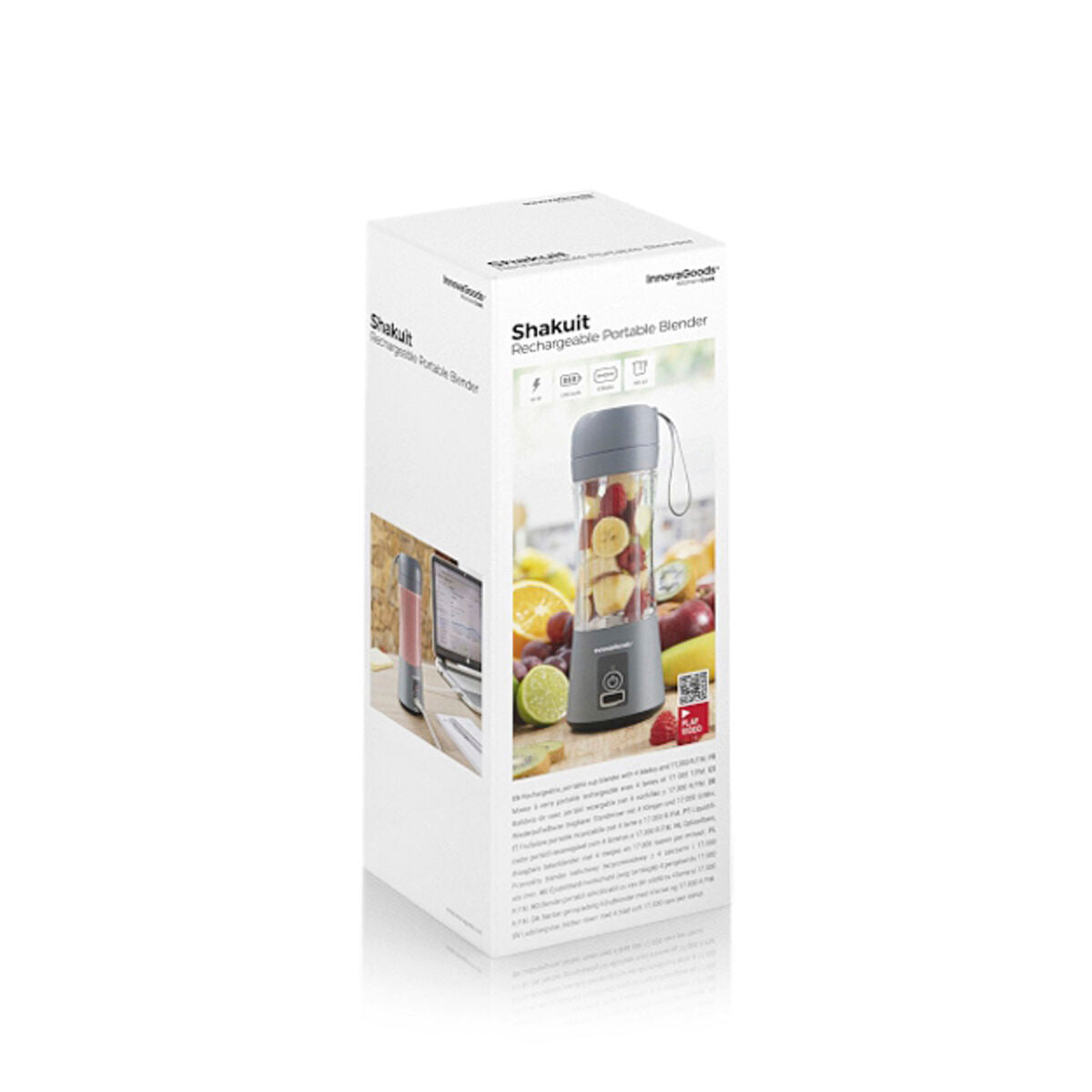The packaging of the Portable Rechargeable Cup Blender by InnovaGoods is white and showcases an image of the product, filled with fruit, next to other visuals of its use.