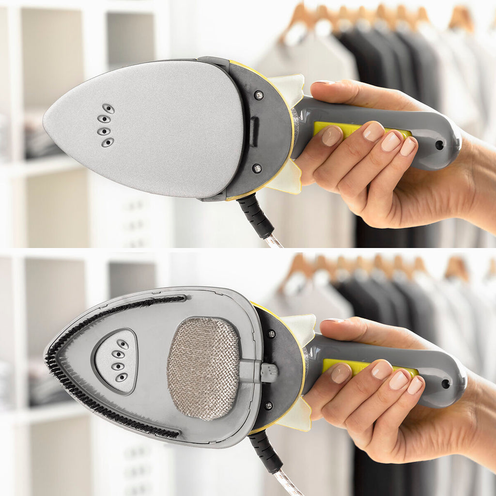 Two-handed operation showcase of the iron’s soleplates, highlighting the easy switch between horizontal and vertical modes.