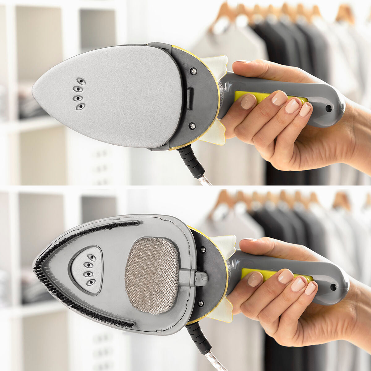 Two-handed operation showcase of the iron’s soleplates, highlighting the easy switch between horizontal and vertical modes.