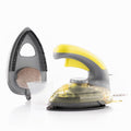 A Mini Vertical and Horizontal 2-in-1 Steam Iron Velyron InnovaGoods 800 W identified by its yellow and gray color scheme. The iron has a transparent body with a visible Innovagoods logo. Includes a water measuring cup and attachments for steam use.