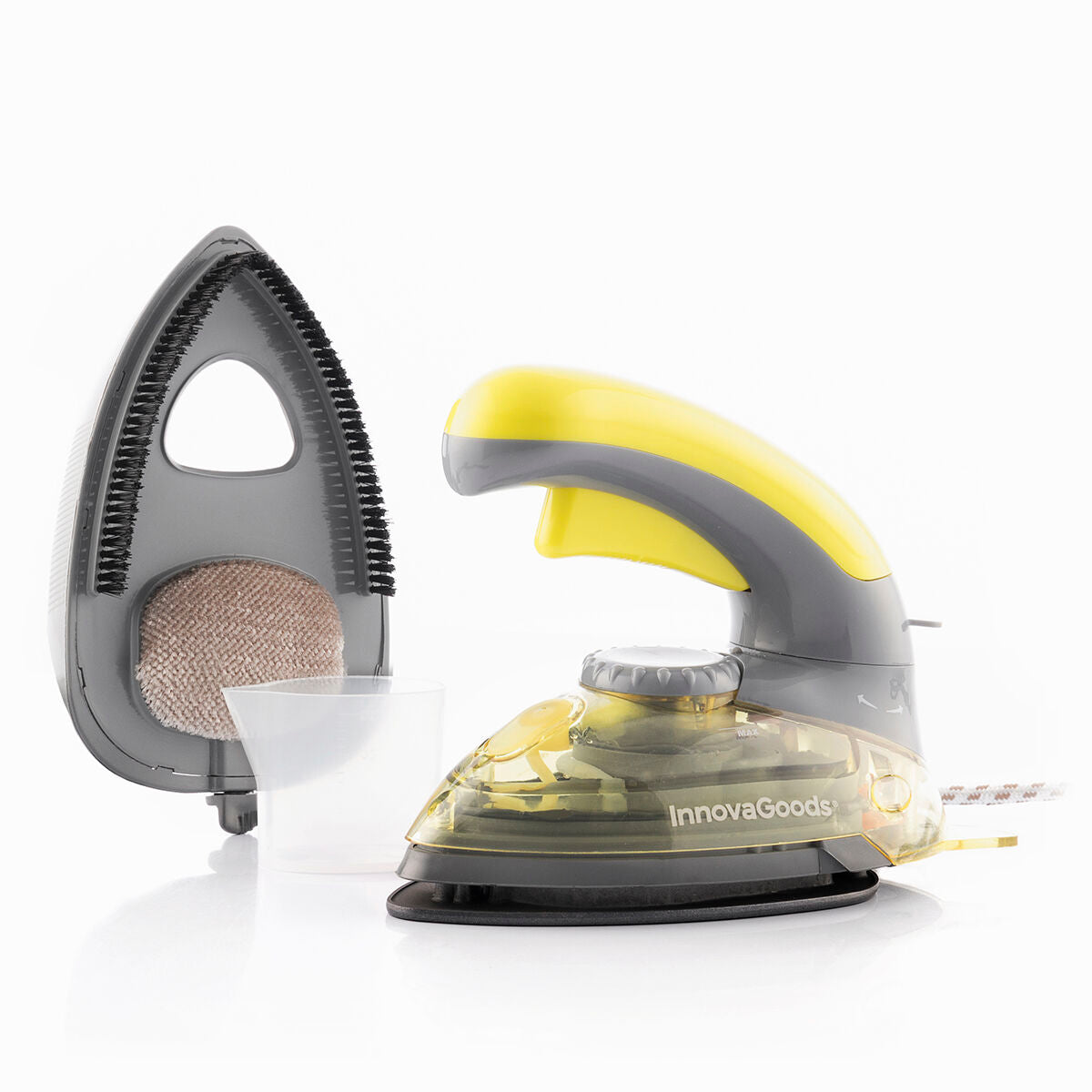 A Mini Vertical and Horizontal 2-in-1 Steam Iron Velyron InnovaGoods 800 W identified by its yellow and gray color scheme. The iron has a transparent body with a visible Innovagoods logo. Includes a water measuring cup and attachments for steam use.