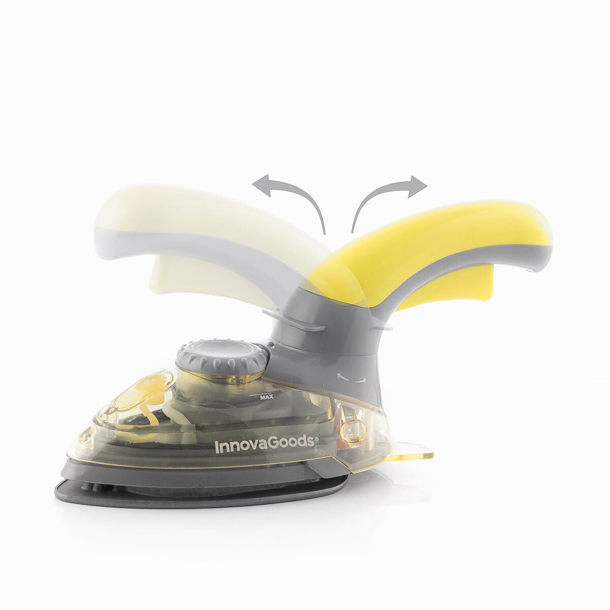 Image illustrating the iron's ergonomic handle movement and flexibility in design. Perfect for compact storage and versatile use.