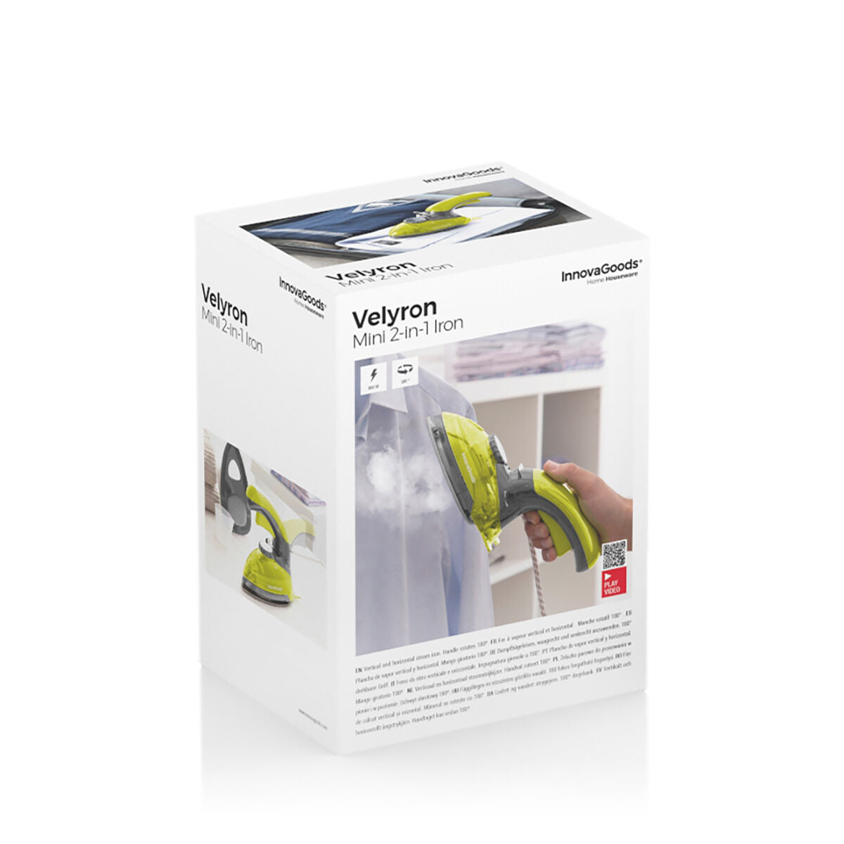 Packaging image of the Velyron Mini 2-in-1 Iron showing the product in action with steam feature. The box has clear branding with Innovagoods and a depiction of the iron's usage.