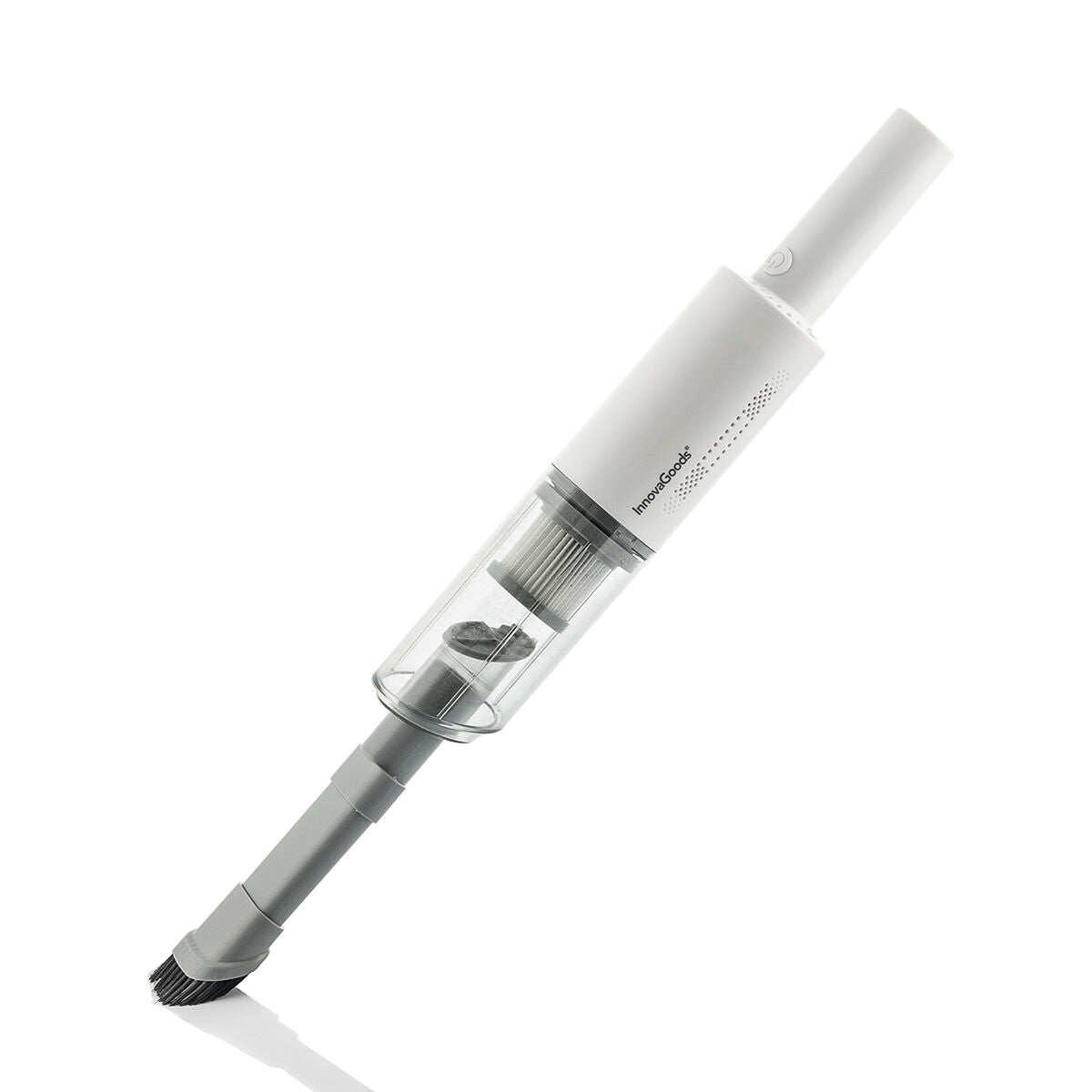 The handheld vacuum cleaner is presented using its full extension. The white product with a transparent dust compartment and gray detailing is against a gradient background, showcasing its sleek and modern design.