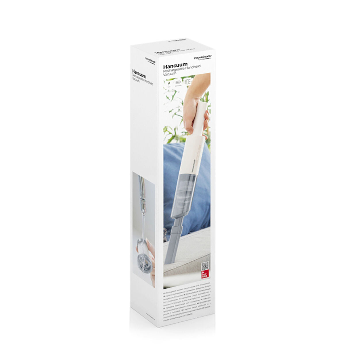 The product packaging for the 'Hancuum Rechargeable Handheld Vacuum' by InnovaGoods is shown. The box is tall and rectangular, white with images of the vacuum in use depicted on various surfaces, suggesting its versatility. Text details product information.