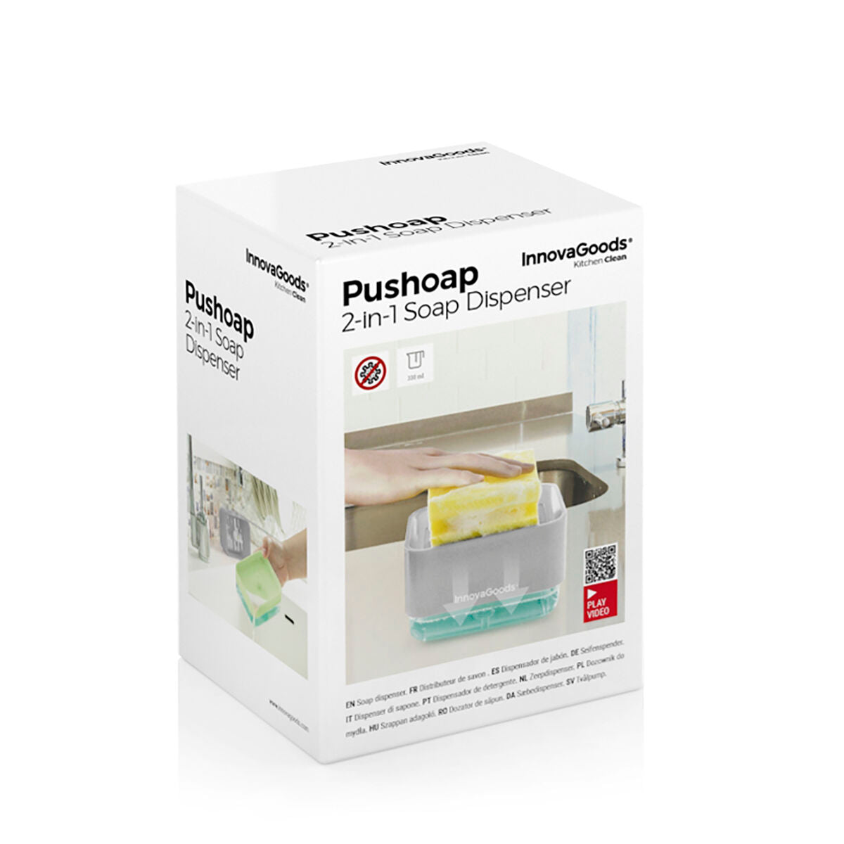 Image of the packaging for the InnovaGoods Pushoap 2-in-1 Soap Dispenser. The box is primarily white with images and details about the product. The product name and brand are clearly displayed.