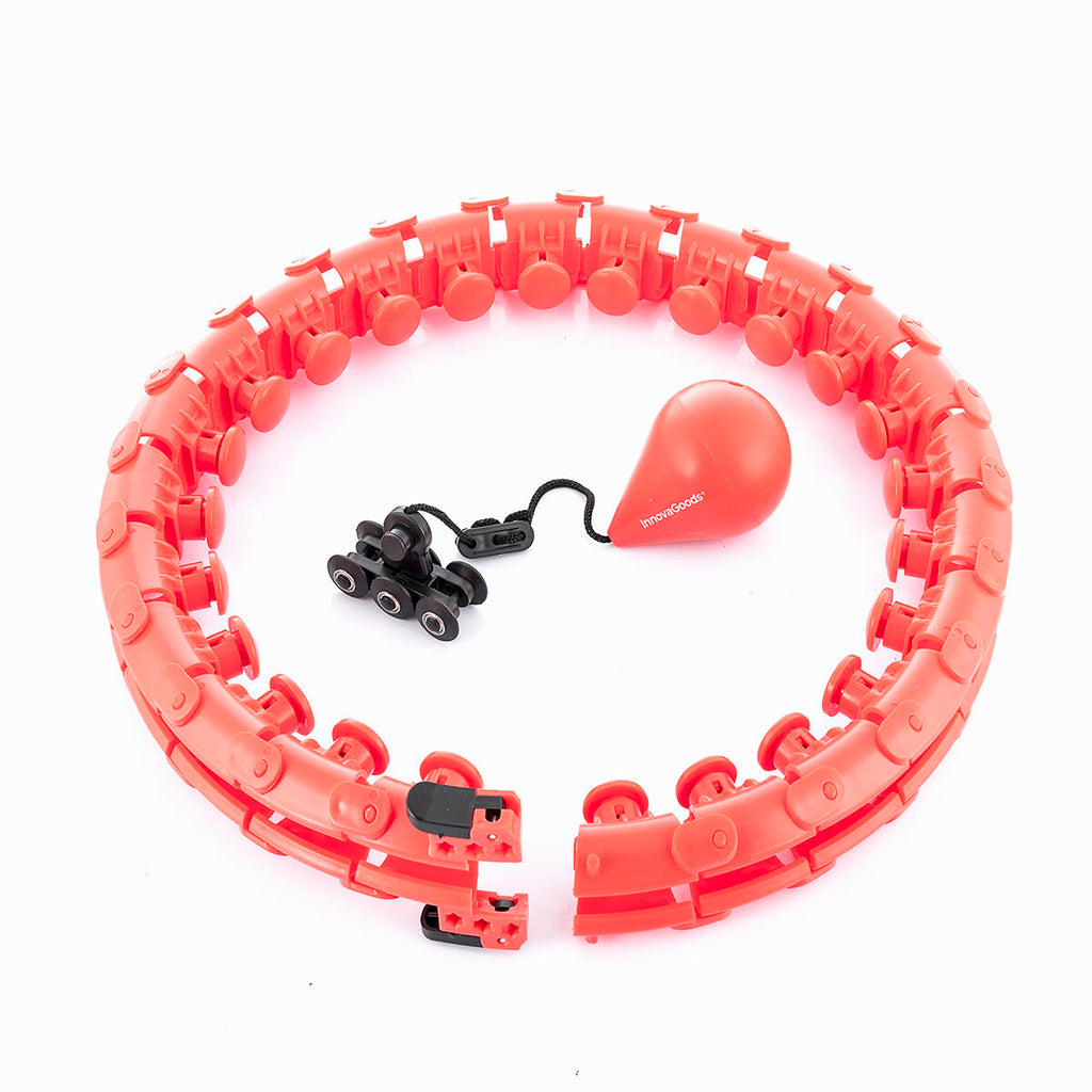A clear, isolated shot of the Fittehoop showing its modular red components and black roller attachment, demonstrating its design for adjustable fitness routines.