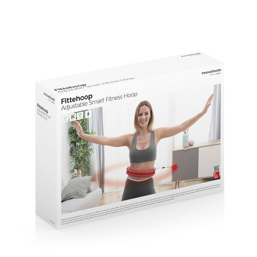 The product packaging of the Fittehoop Adjustable Smart Fitness Hoop is shown with branding and a product image, featuring 'InnovaGoods' and emphasizing its adjustment and smart features.