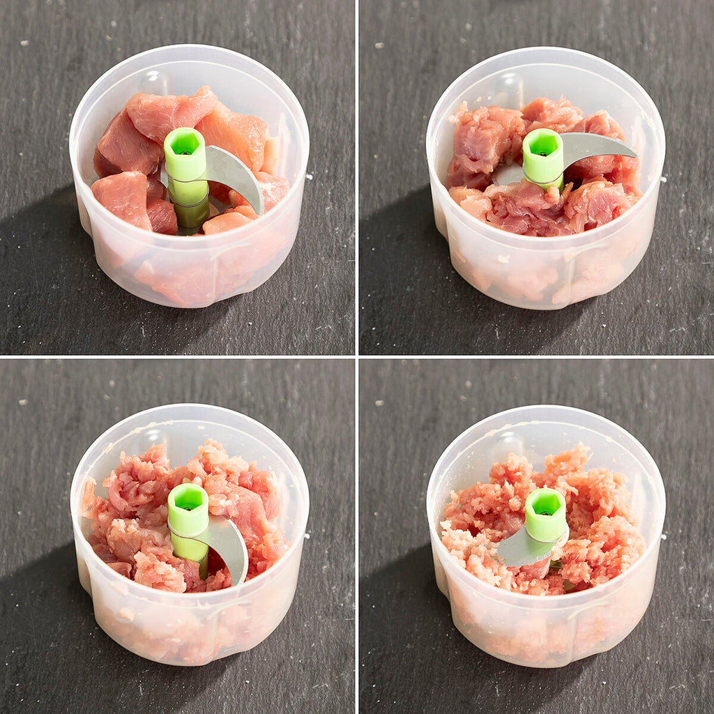 A detail image showing different stages of meat being processed inside the transparent container of the mini chopper.