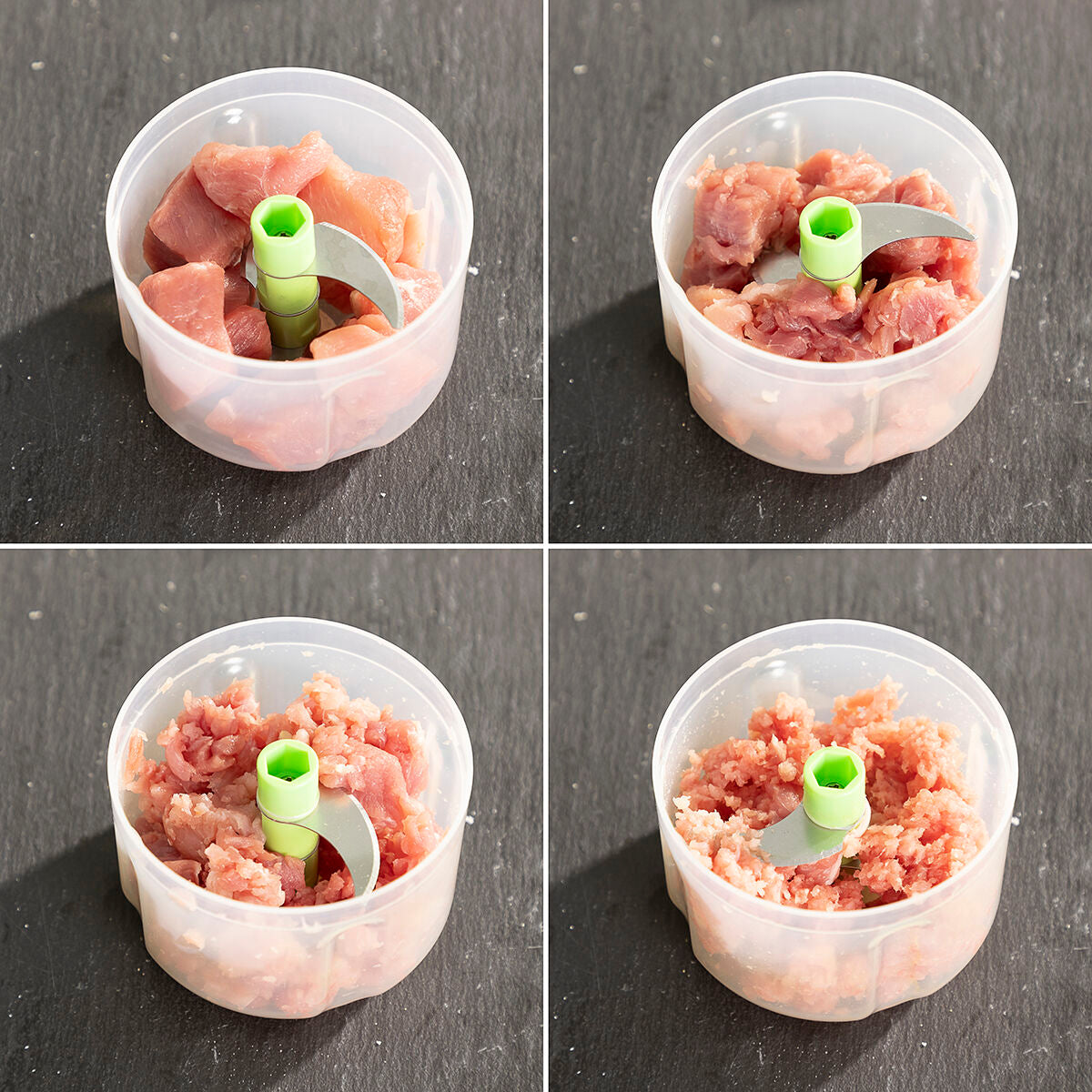A detail image showing different stages of meat being processed inside the transparent container of the mini chopper.